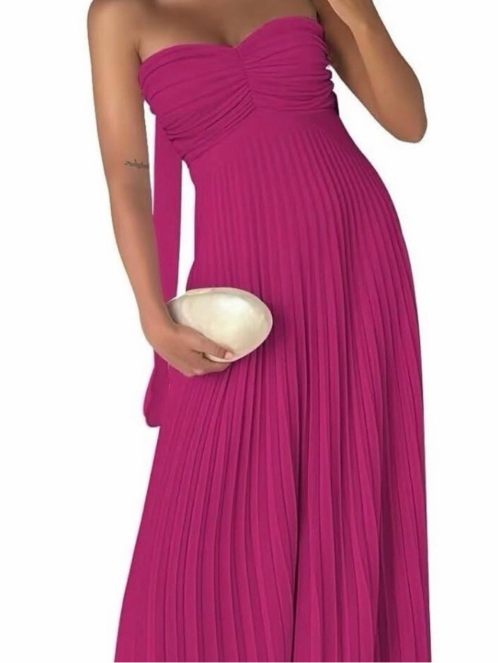 Strapless Pleated Maxi Dress with Long Scarf - Fuchsia Pink